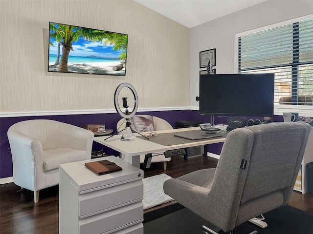 home office featuring baseboards and dark wood-style flooring