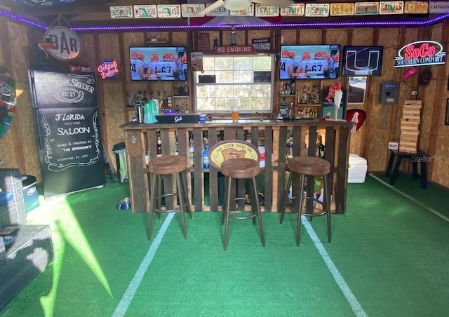 bar featuring carpet floors, a dry bar, and wooden walls