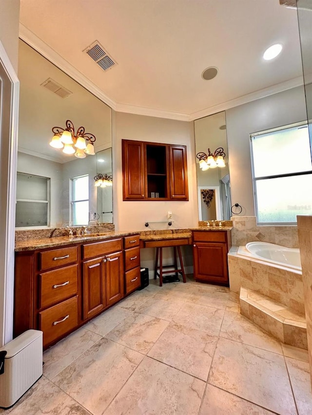 full bath featuring visible vents, ornamental molding, a garden tub, and vanity