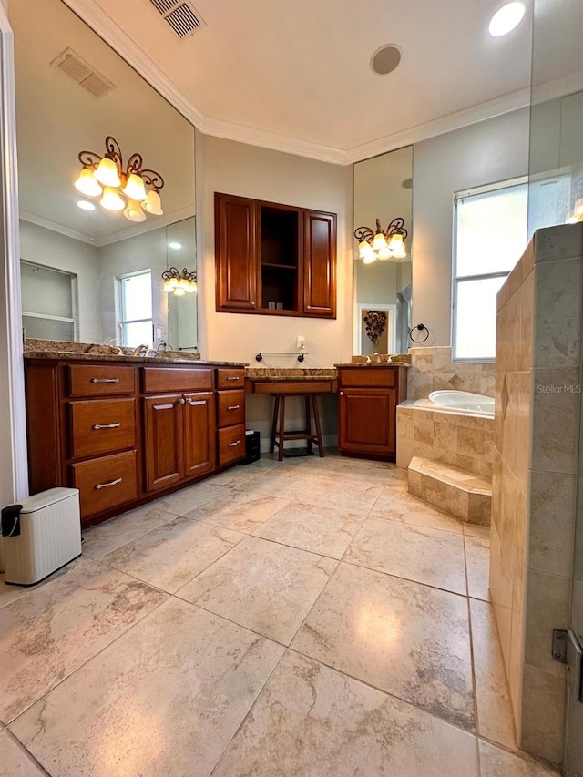 full bathroom with ornamental molding, a garden tub, visible vents, and vanity