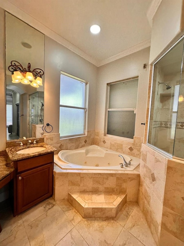 bathroom featuring recessed lighting, tiled shower, a whirlpool tub, ornamental molding, and vanity
