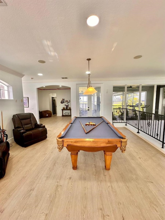 game room with billiards, crown molding, visible vents, baseboards, and wood finished floors