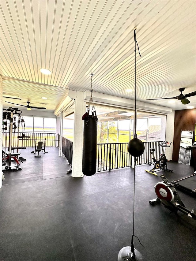 workout area with a ceiling fan