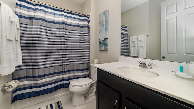 full bathroom featuring a shower with shower curtain, toilet, tile patterned flooring, and vanity