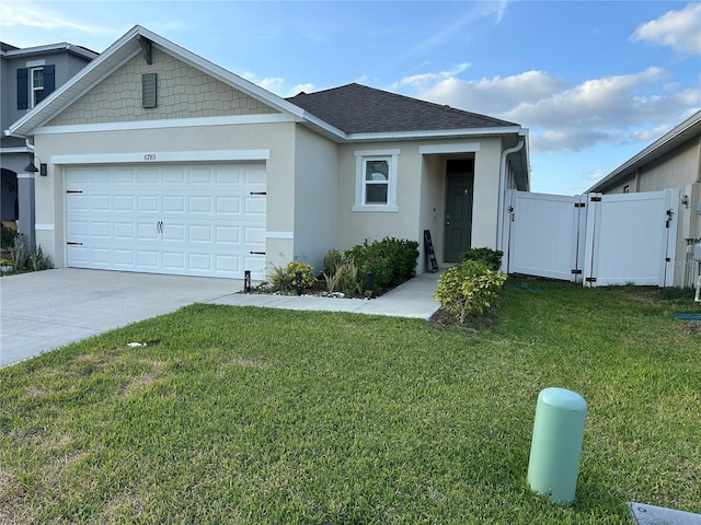 single story home featuring a gate, stucco siding, a front yard, and concrete driveway