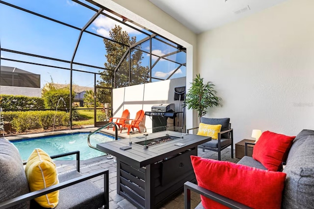 313 Captiva Dr, Davenport, FL 33896 - view of patio / terrace featuring a grill, an outdoor fire pit, an outdoor pool, and glass enclosure