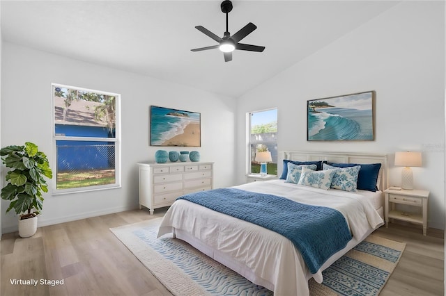 108 Pearlwood St, Orlando, FL 32811 - bedroom featuring wood finished floors, vaulted ceiling, baseboards, and a ceiling fan
