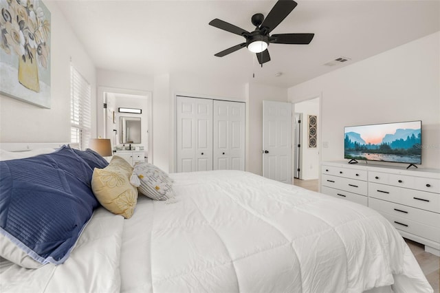 4722 Flagler Beach Way, Kissimmee, FL 34746 - bedroom featuring a closet, a ceiling fan, connected bathroom, and visible vents