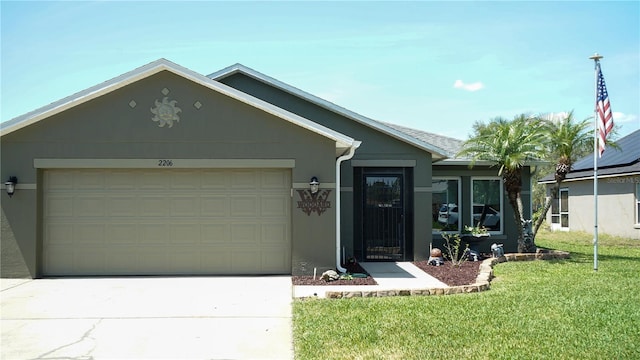 single story home with an attached garage, concrete driveway, stucco siding, and a front yard