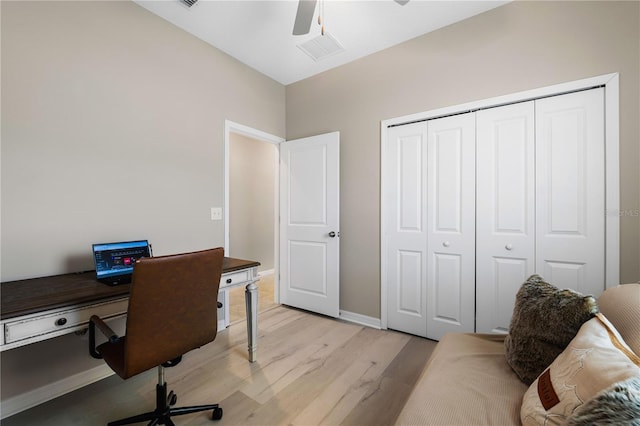 13475 Crest Lake Dr, Hudson, FL 34669 - office featuring light wood-style floors, ceiling fan, visible vents, and baseboards
