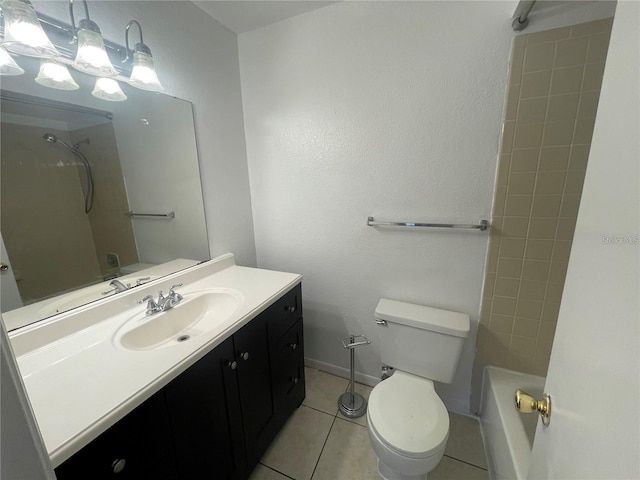 bathroom featuring toilet, shower / tub combination, vanity, tile patterned floors, and baseboards
