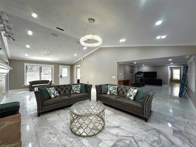 3328 Wax Berry Ct, Windermere, FL 34786 - living area with visible vents, ornamental molding, marble finish floor, baseboards, and vaulted ceiling