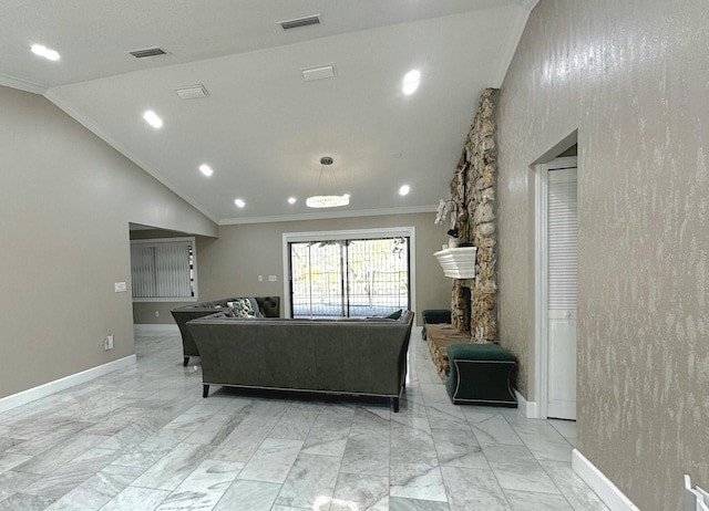 3328 Wax Berry Ct, Windermere, FL 34786 - living area featuring visible vents, ornamental molding, marble finish floor, lofted ceiling, and baseboards