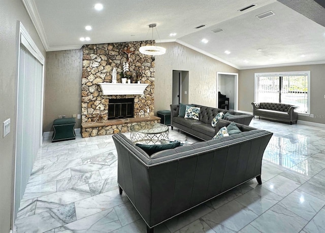3328 Wax Berry Ct, Windermere, FL 34786 - living room with visible vents, marble finish floor, and lofted ceiling