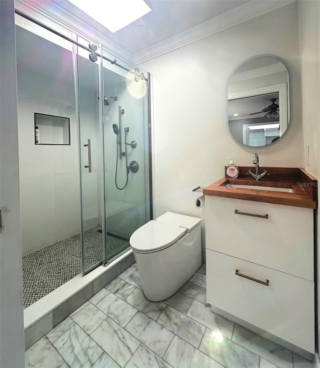 3328 Wax Berry Ct, Windermere, FL 34786 - bathroom with crown molding, vanity, marble finish floor, toilet, and a stall shower