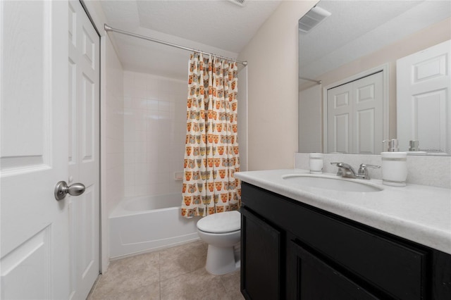 bathroom with visible vents, tile patterned flooring, vanity, toilet, and shower / tub combo with curtain