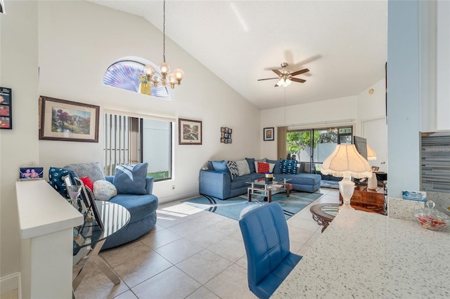 98 Lakepointe Cir, Kissimmee, FL 34743 - living room with high vaulted ceiling, light tile patterned floors, and ceiling fan with notable chandelier