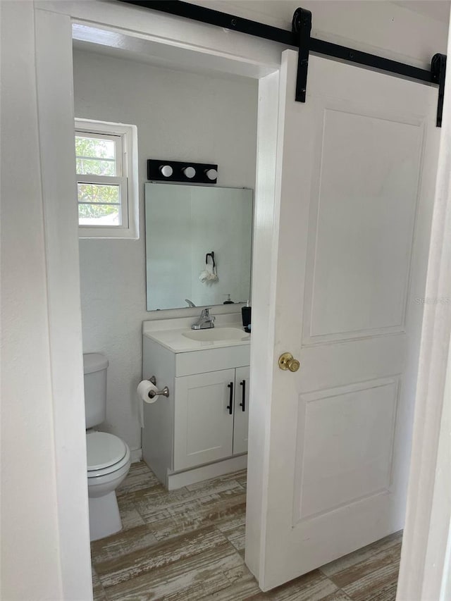 half bath with vanity, toilet, and wood finished floors