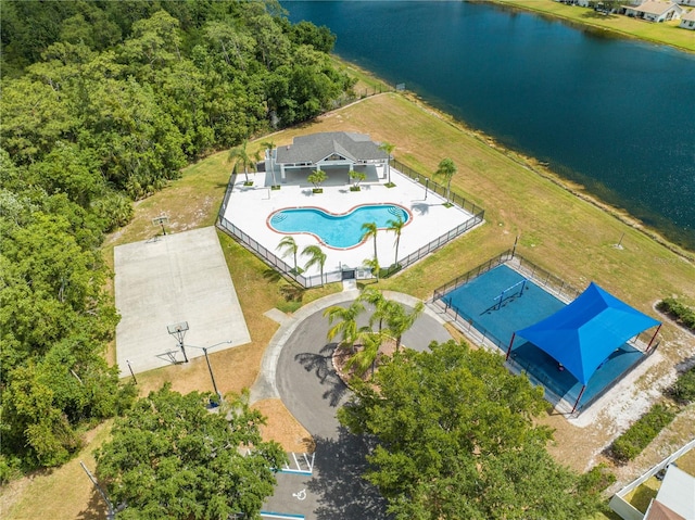aerial view featuring a water view