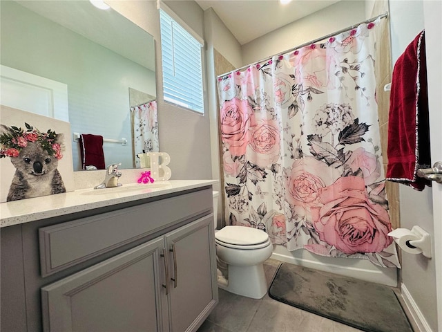 1321 Yorkdale Rd, Davenport, FL 33837 - bathroom with vanity, shower / tub combo with curtain, tile patterned flooring, and toilet