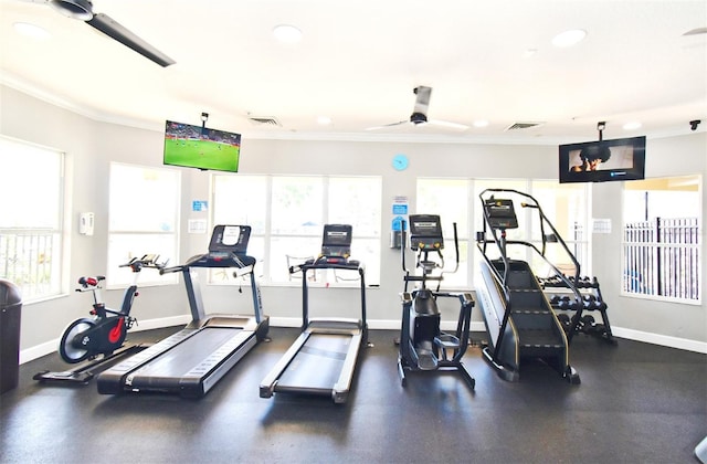 2778 Almaton Loop Unit 403, Kissimmee, FL 34747 - workout area featuring ornamental molding, a ceiling fan, and recessed lighting