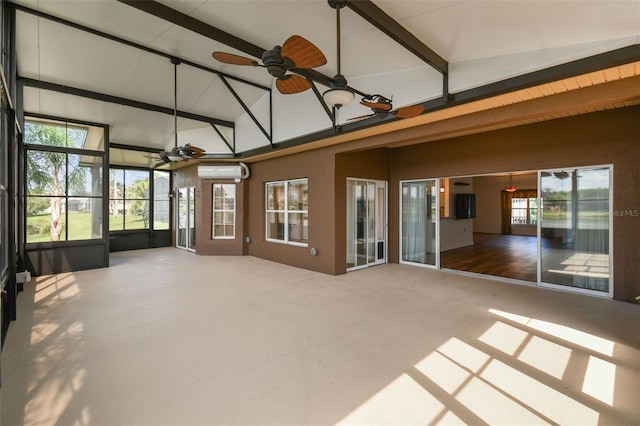 759 Glendora Rd, Kissimmee, FL 34759 - unfurnished sunroom featuring a ceiling fan, a wall mounted AC, and healthy amount of natural light