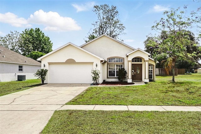 ranch-style home with stucco siding, concrete driveway, a front lawn, and a garage