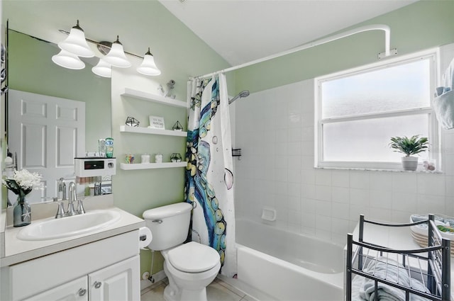 full bath featuring vanity, lofted ceiling, toilet, and shower / tub combo