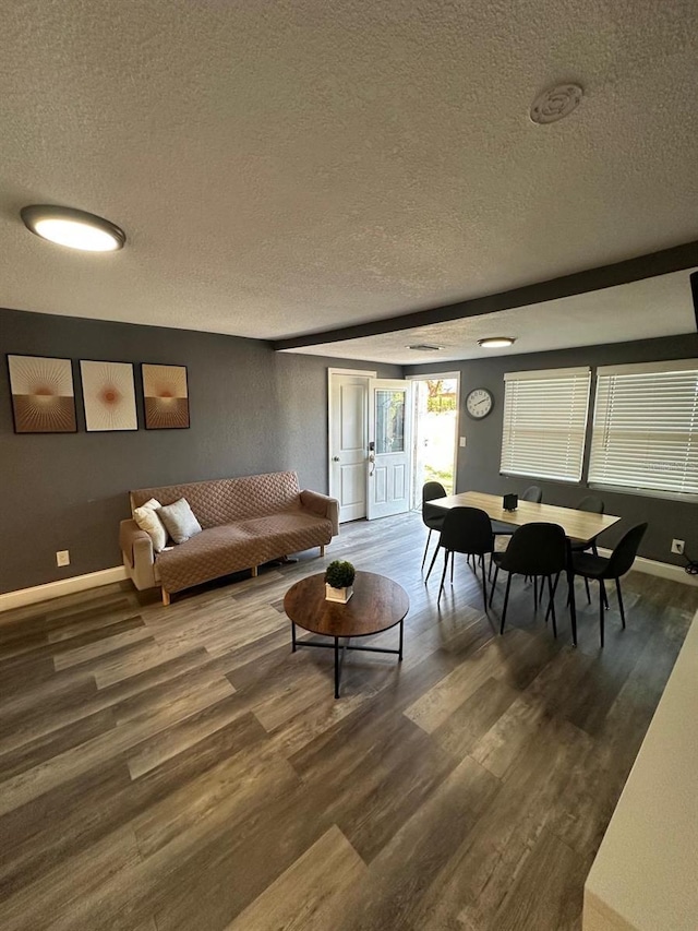 8702 El Portal Dr, Tampa, FL 33604 - living room with a textured ceiling, dark wood-type flooring, and baseboards