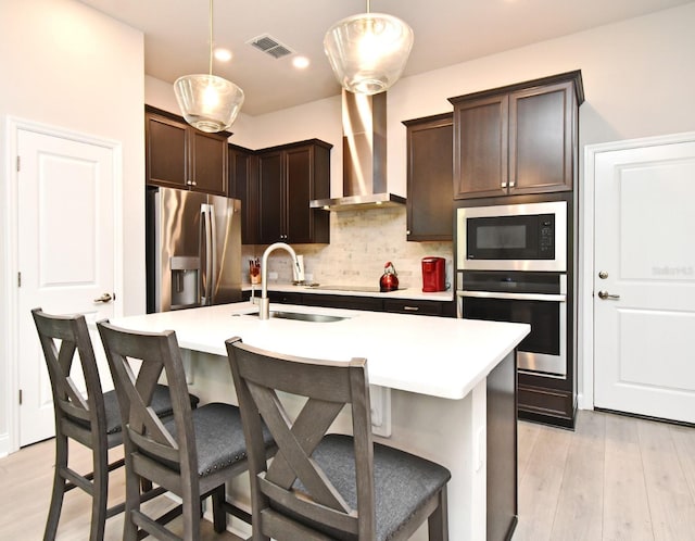 kitchen featuring visible vents, decorative backsplash, dark brown cabinets, wall chimney exhaust hood, and stainless steel appliances