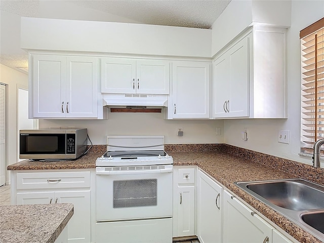 kitchen with white electric range oven, white cabinetry, stainless steel microwave, under cabinet range hood, and a sink