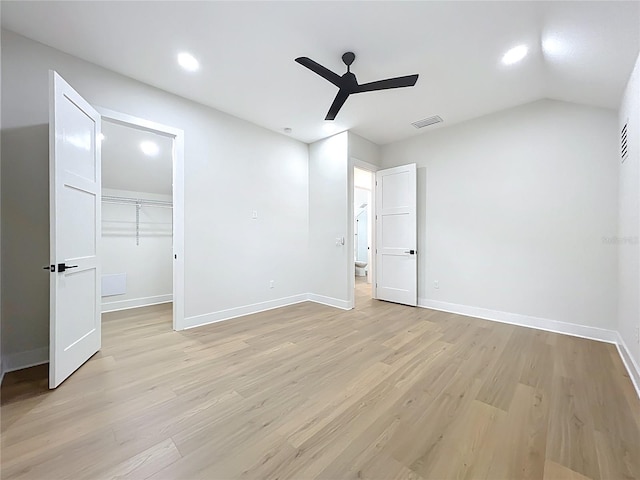 unfurnished bedroom featuring recessed lighting, a ceiling fan, light wood finished floors, and visible vents