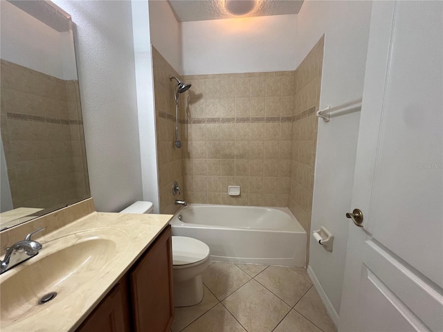 full bath featuring toilet, bathing tub / shower combination, tile patterned flooring, and vanity