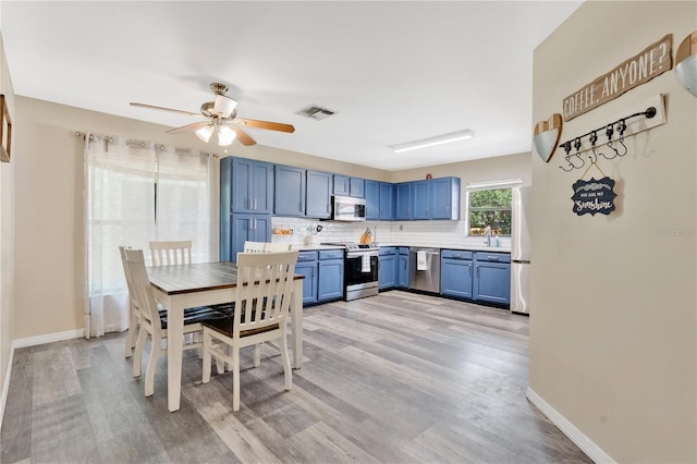 dining room featuring visible vents, light wood-style flooring, ceiling fan, and baseboards