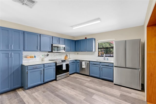 kitchen featuring appliances with stainless steel finishes, a sink, light countertops, blue cabinetry, and light wood-style flooring