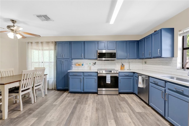 kitchen featuring blue cabinets, visible vents, appliances with stainless steel finishes, a sink, and light countertops