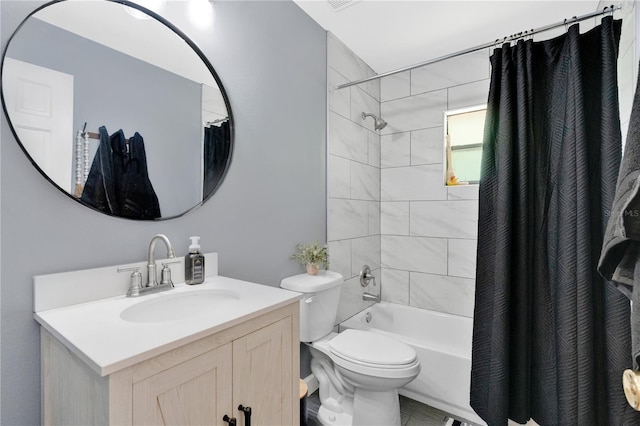 full bathroom with toilet, shower / bath combo, and vanity