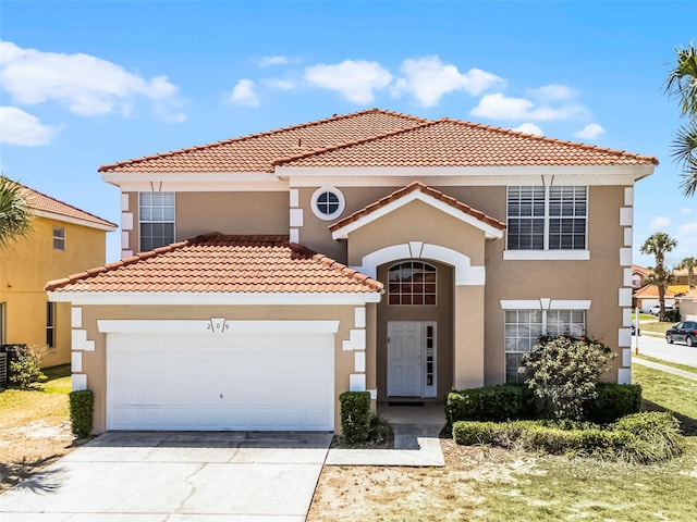 209 Rosso Dr, Davenport, FL 33837 - mediterranean / spanish house with stucco siding, a tile roof, an attached garage, and driveway