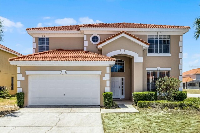 209 Rosso Dr, Davenport, FL 33837 - mediterranean / spanish house with stucco siding, a tiled roof, concrete driveway, and an attached garage