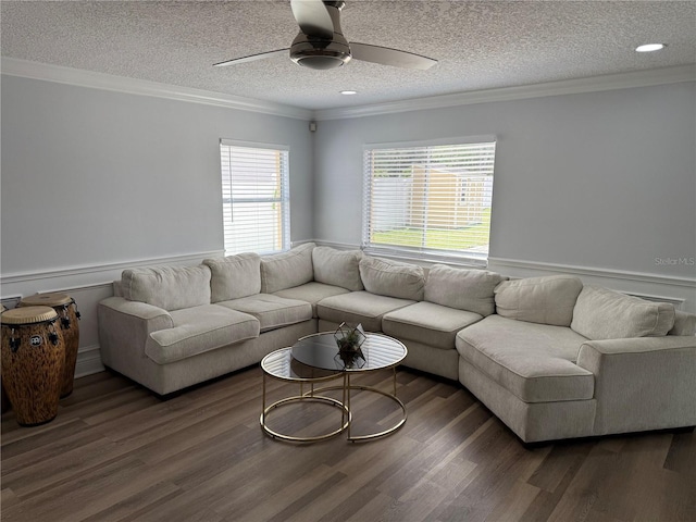 living room featuring crown molding, a ceiling fan, and wood finished floors
