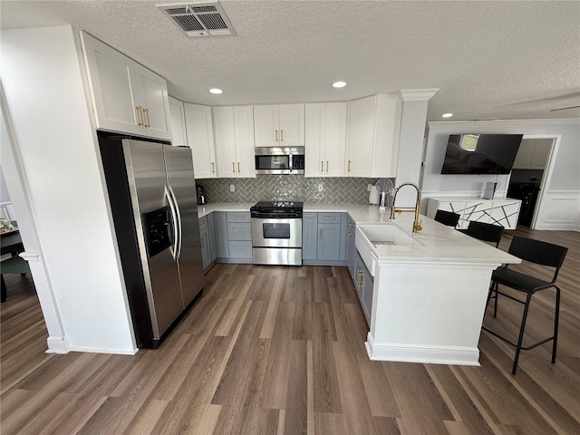 kitchen with visible vents, a peninsula, light countertops, a sink, and stainless steel appliances
