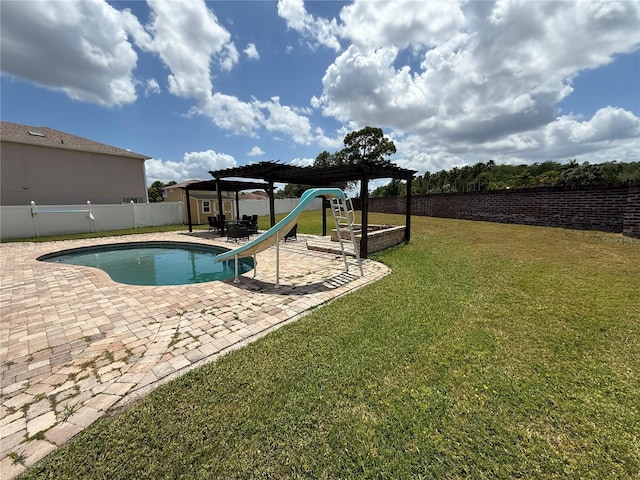 view of pool with a patio, a fenced backyard, a yard, a pergola, and a water slide
