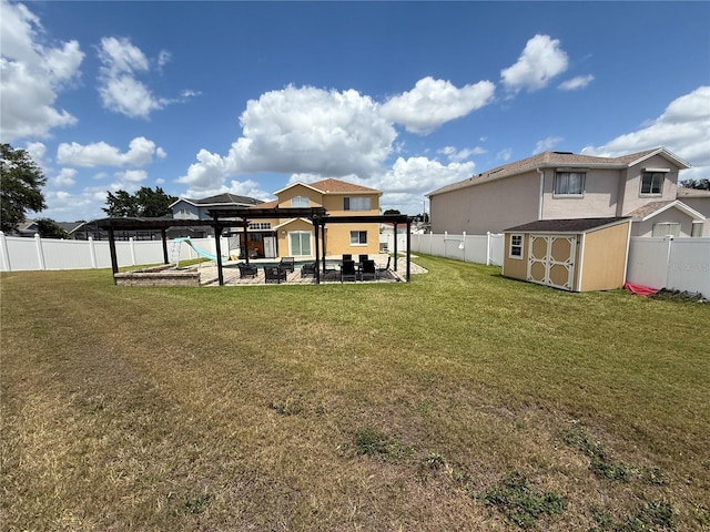 back of house featuring a fenced backyard, a patio, an outdoor structure, and a storage shed