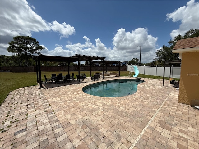 view of pool featuring a patio, a fenced backyard, a water slide, and a pergola