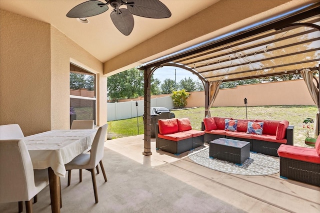 131 Highland Meadows Pl, Davenport, FL 33837 - view of patio / terrace featuring a fenced backyard, outdoor lounge area, outdoor dining space, ceiling fan, and a pergola