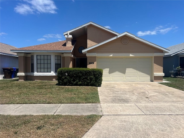 ranch-style house featuring concrete driveway, an attached garage, stucco siding, and a front lawn