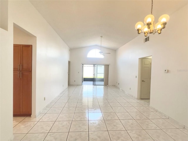 849 Long Bay Ct, Kissimmee, FL 34741 - spare room featuring high vaulted ceiling, light tile patterned floors, a chandelier, and ceiling fan
