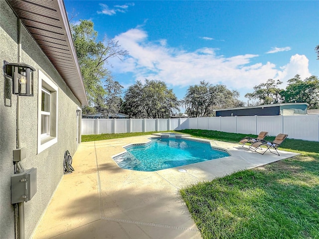 view of pool featuring a yard, a fenced in pool, a fenced backyard, and a patio area