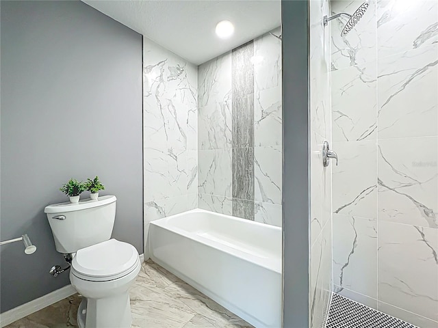 bathroom with walk in shower, toilet, marble finish floor, a washtub, and baseboards