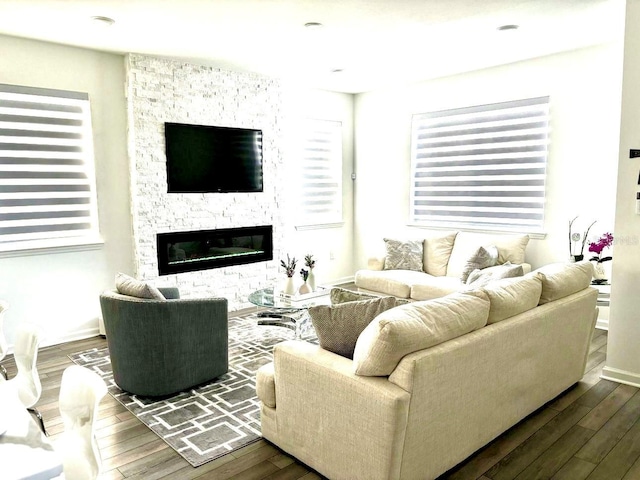 living area with baseboards, a stone fireplace, and wood finished floors